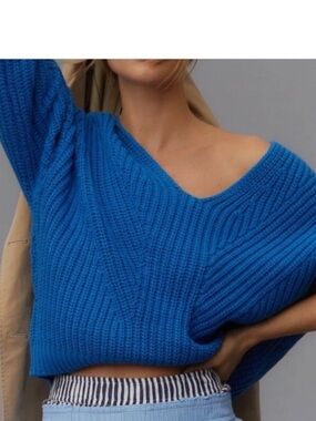 Anthropologie Maeve V-Neck Pullover Blue Slouchy Sweater Chunky Crop Size S NWT